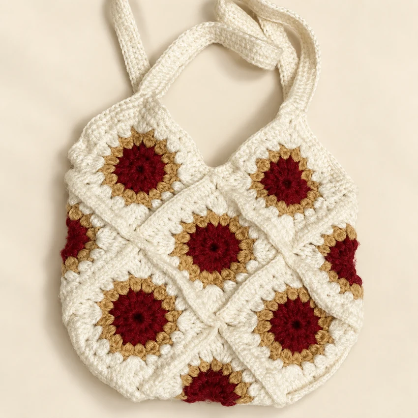 A cream granny-square crochet bag with burgundy flower centers