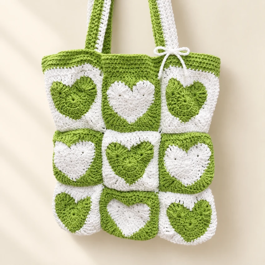 A green and cream crochet tote made of heart-patterned squares