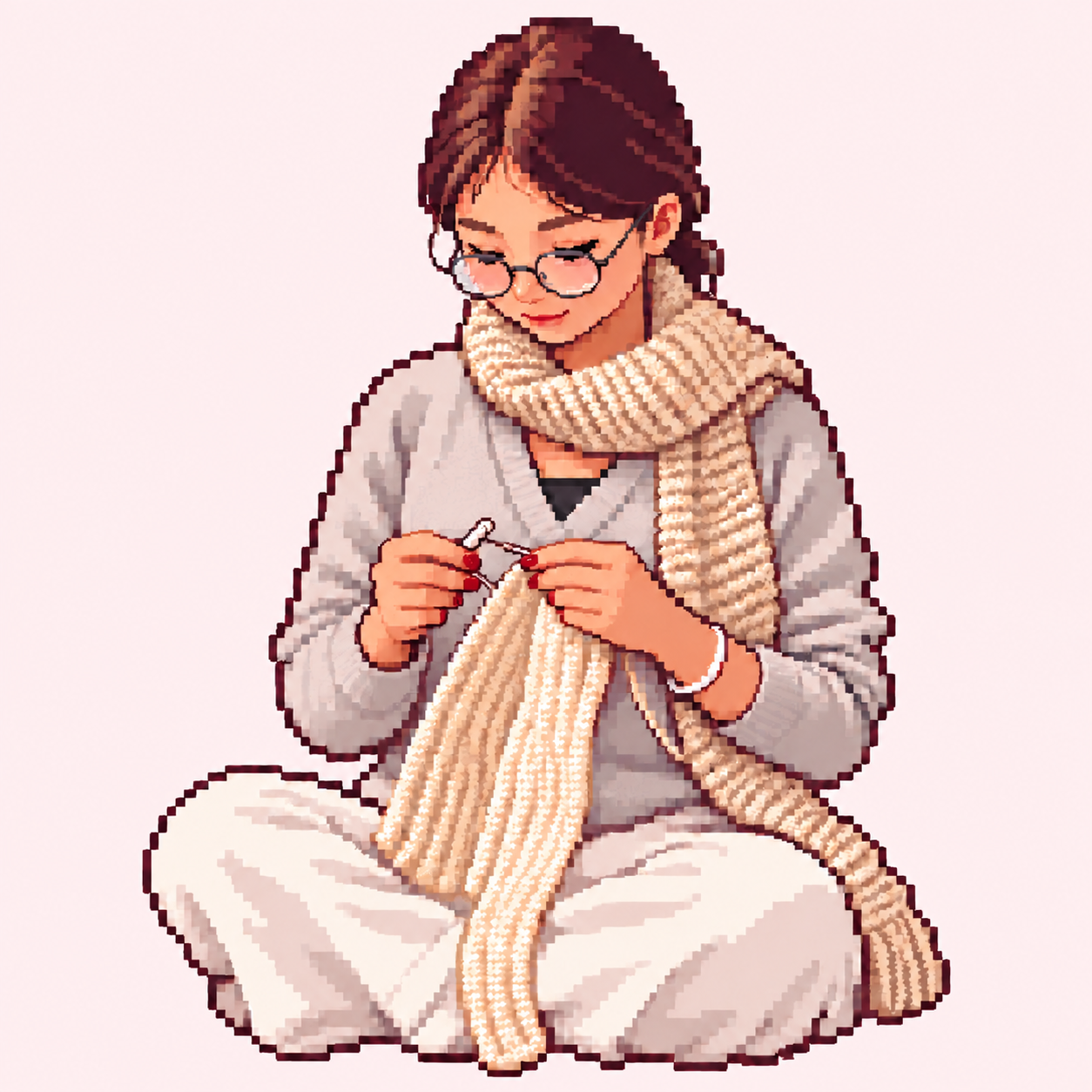Pixel portrait of Aachal seated cross-legged, wearing glasses and crocheting a cream scarf