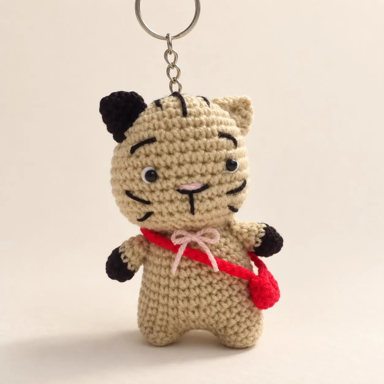 A beige crochet tiger keychain with black ears and paws, a pink bow and a small red crossbody bag on a metal key ring
