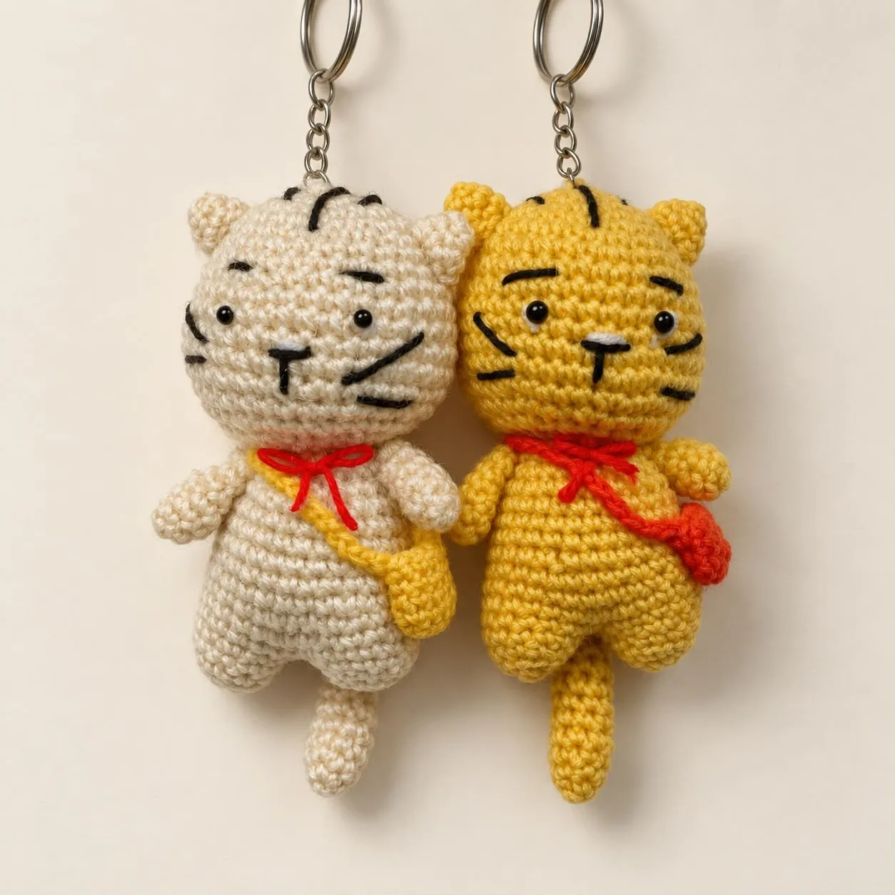 Two crochet tiger keychains side by side, one cream with a yellow bag and one yellow with a red bag